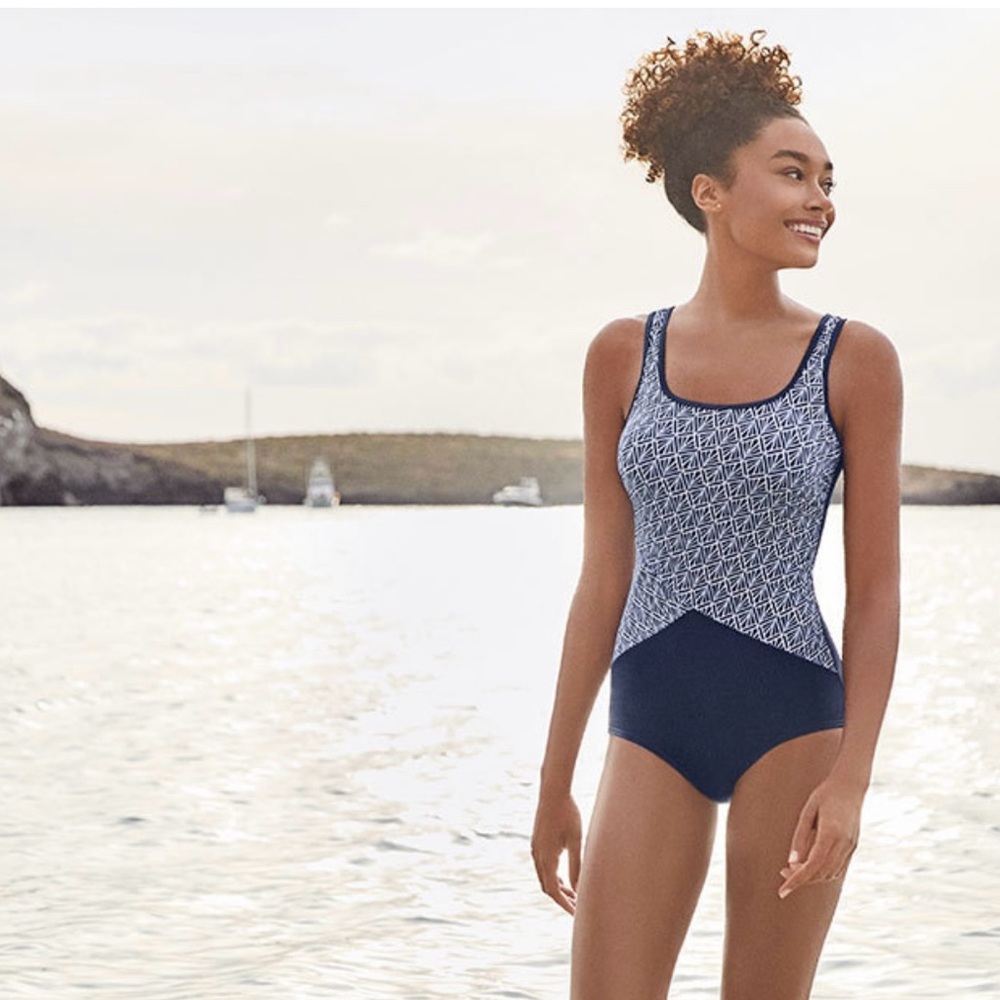 Lands End Swimsuit Bathing-suit Blue / White size 14